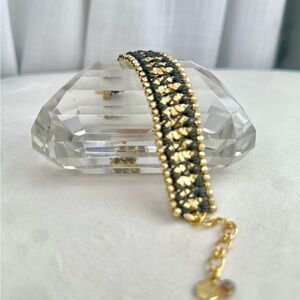 Stella & Dot Gold & Black Woven Bracelet | Adjustable Boho Luxe